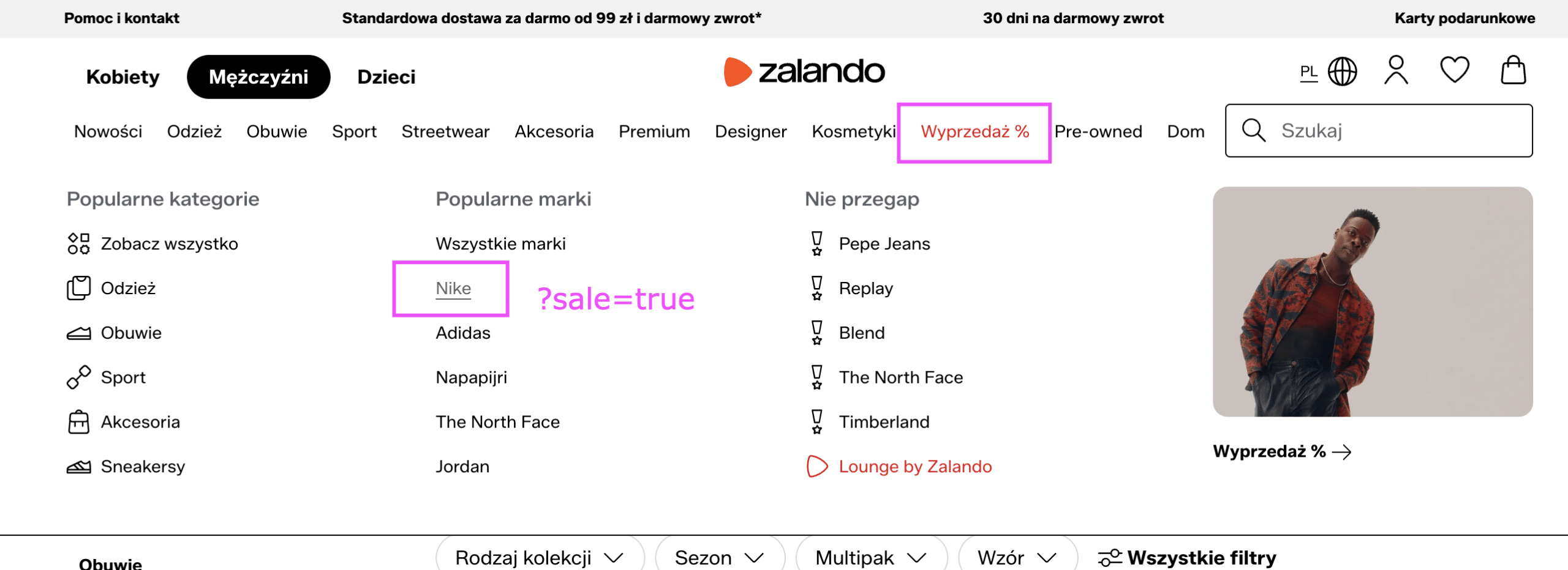 Strona Promocje na Zalando z filtrami i 348 tysiącami produktów w wyprzedaży