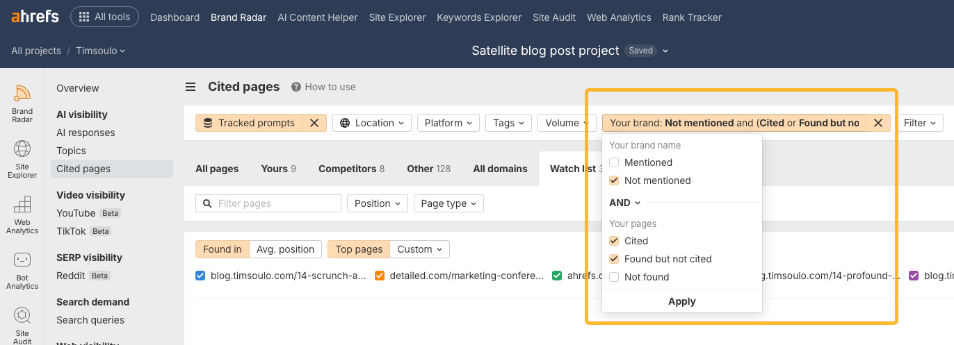 Ahrefs Brand Radar - monitorowanie cytowań AI bez wzmianek o marce