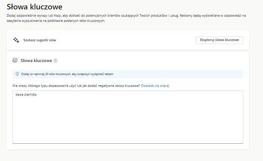 dodawanie słów kluczowych do kampanii Microsoft Ads