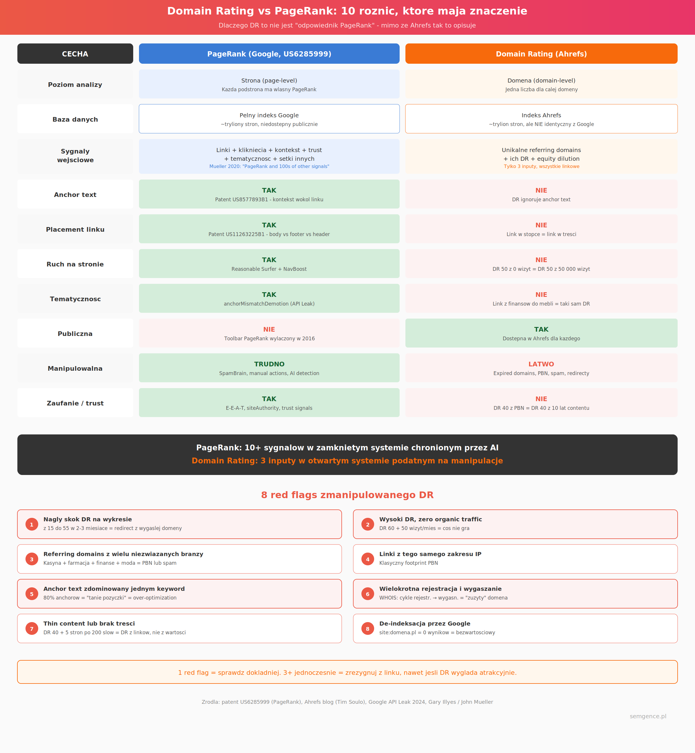 Infografika Domain Rating vs PageRank 10 roznic i 8 red flags zmanipulowanego DR Semgence