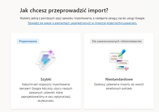 wybór sposobu importu kampanii do Microsoft Ads